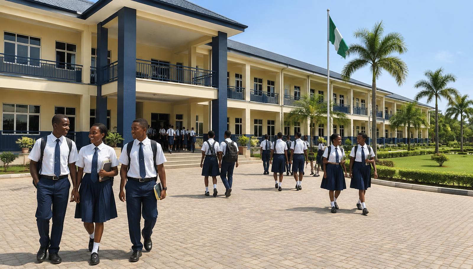 Students in uniform walking across a secondary school campus